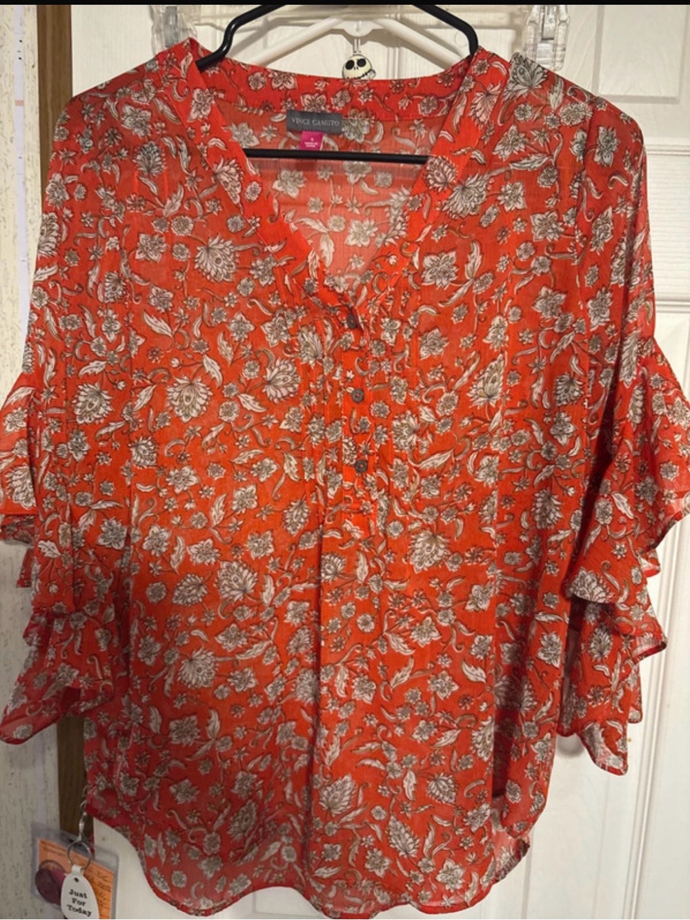 Vince Camuto Orange Floral Ruffle-Sleeve Blouse
